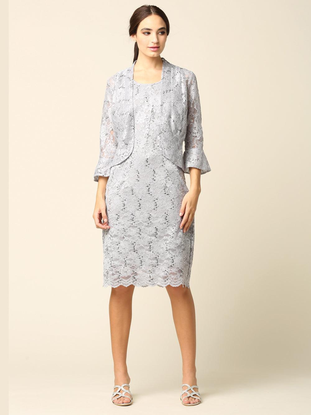 grey lace dress and jacket Floral Lace Dress with Sheer Chiffon Jacket & Pearl Neckline