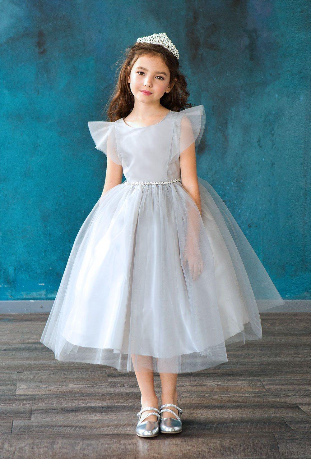 Short Ruffle Sleeves Beaded Flower Girl Dress - The Dress Outlet