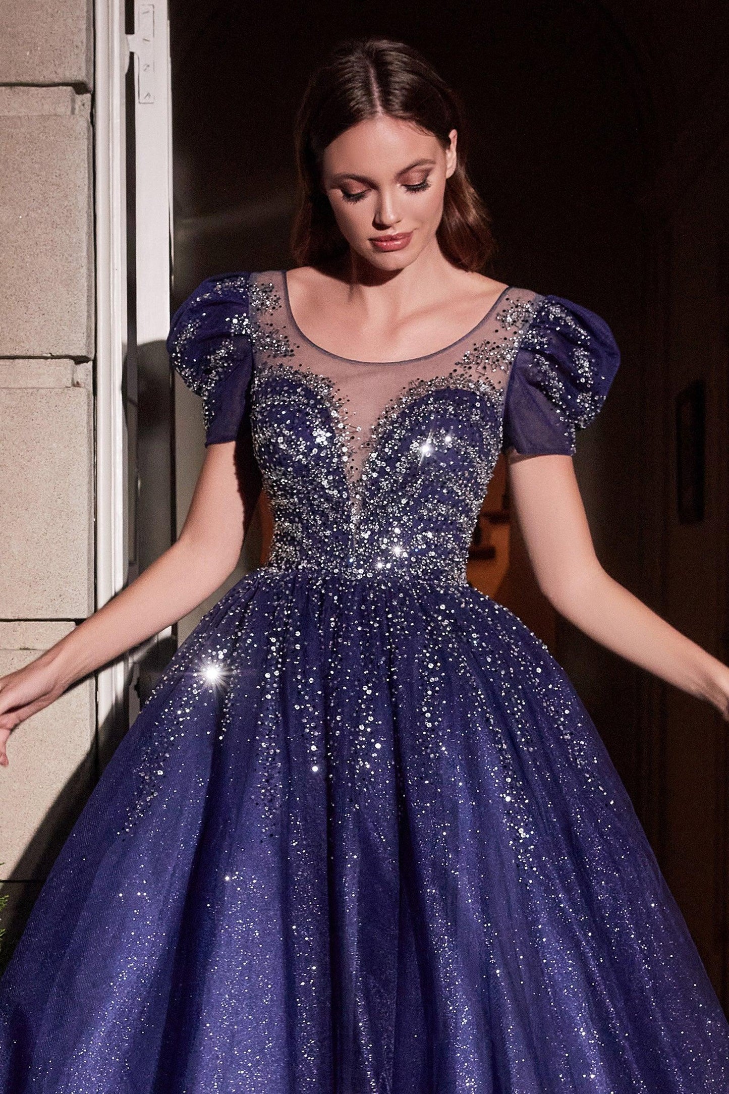 Short Sleeve Glitter Long A Line Prom Dress - The Dress Outlet