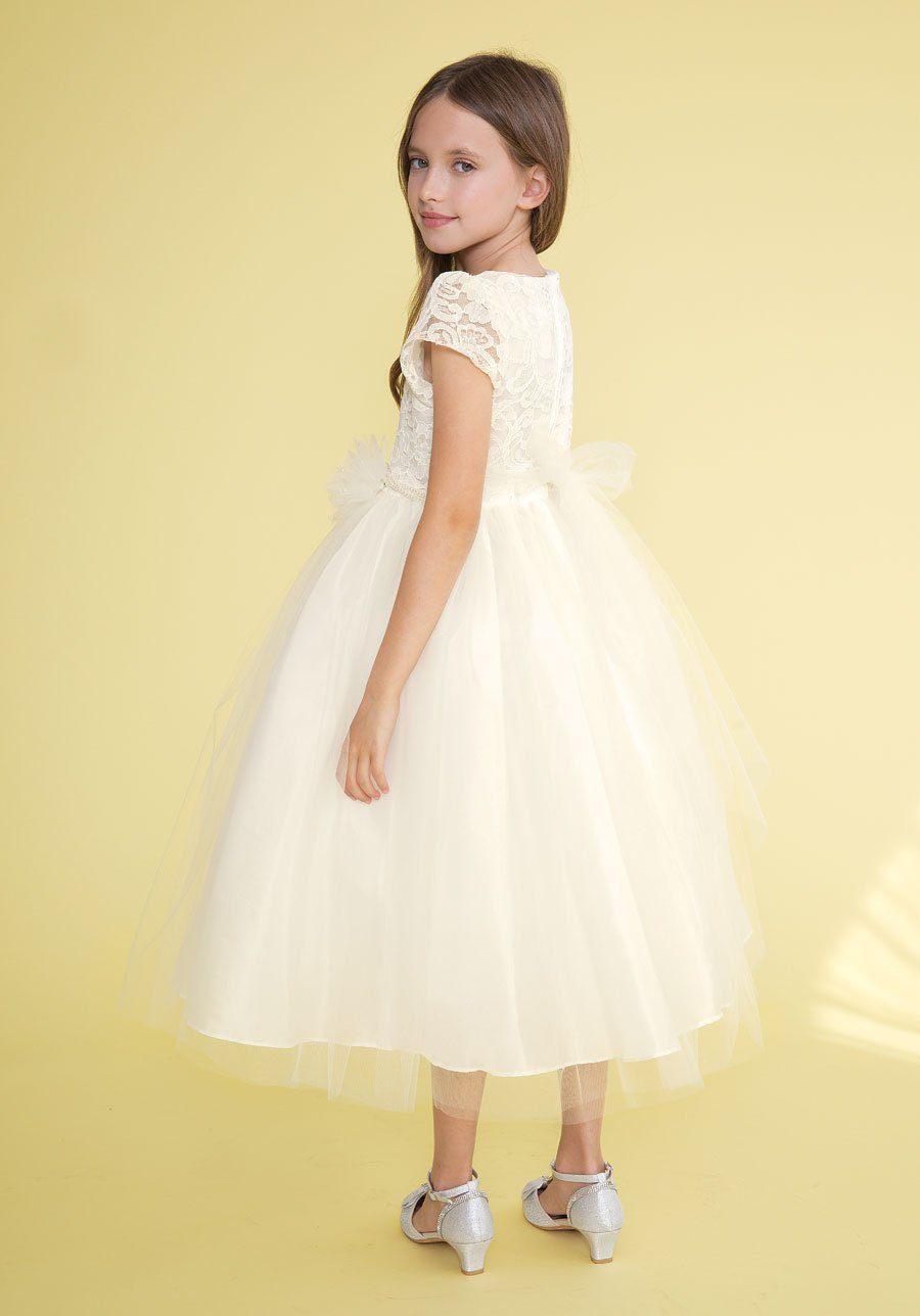 Short Sleeve Lace Bodice Flower Girl Dress - The Dress Outlet