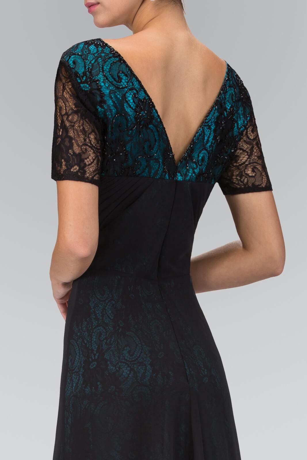 Black/Teal Short Sleeve Lace Embellished VNeck Long Dress for 58.99