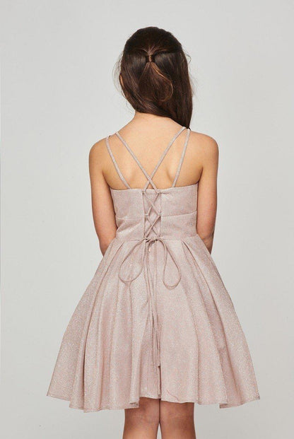 Short Spaghetti Strap Flower Girl Metallic Dress - The Dress Outlet