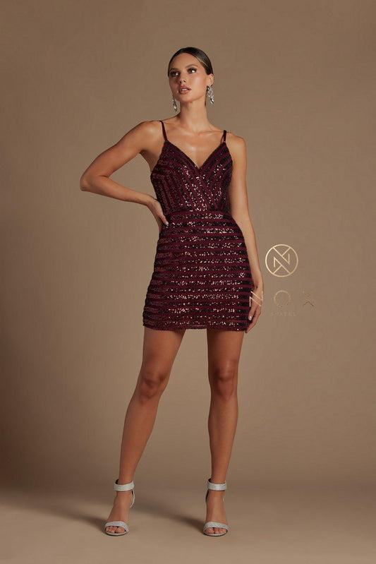 Short Spaghetti Strap Formal Sequins Dress - The Dress Outlet