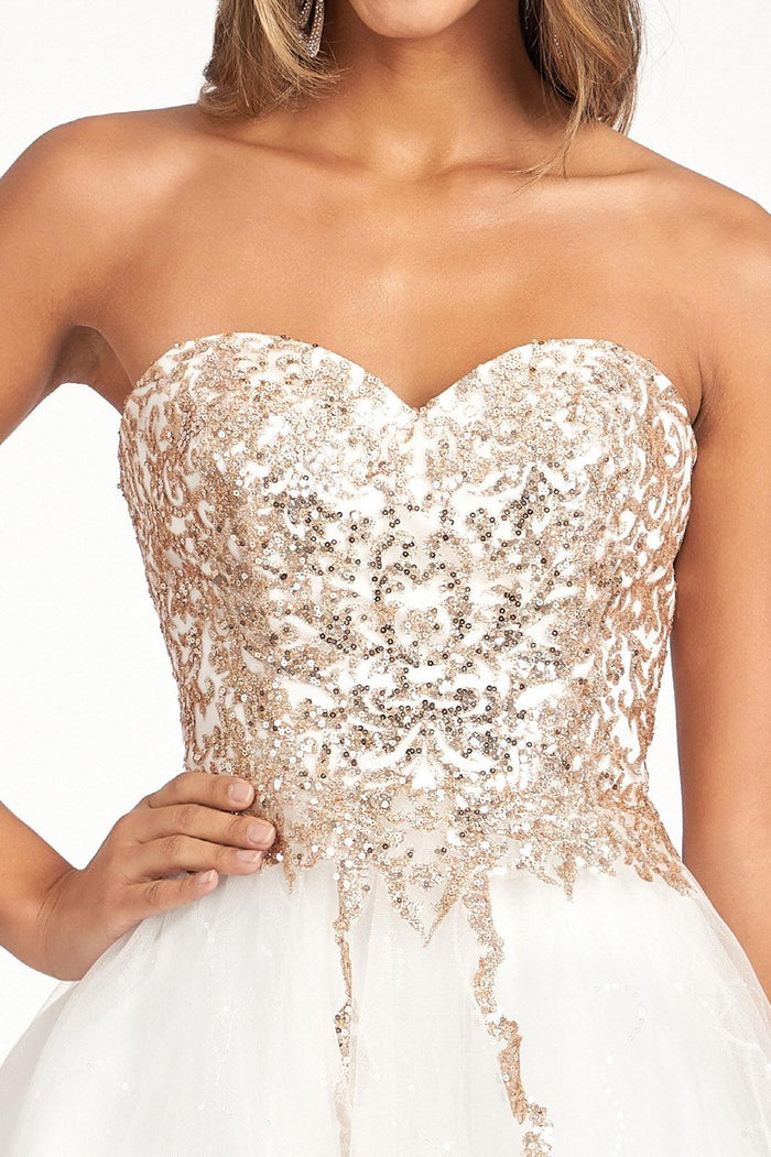 Short Strapless Homecoming Glitter Mesh Prom Dress - The Dress Outlet