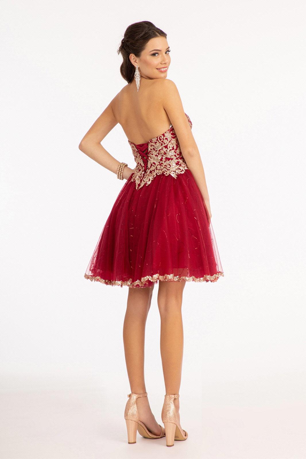 Short Strapless Homecoming Glitter Mesh Prom Dress - The Dress Outlet