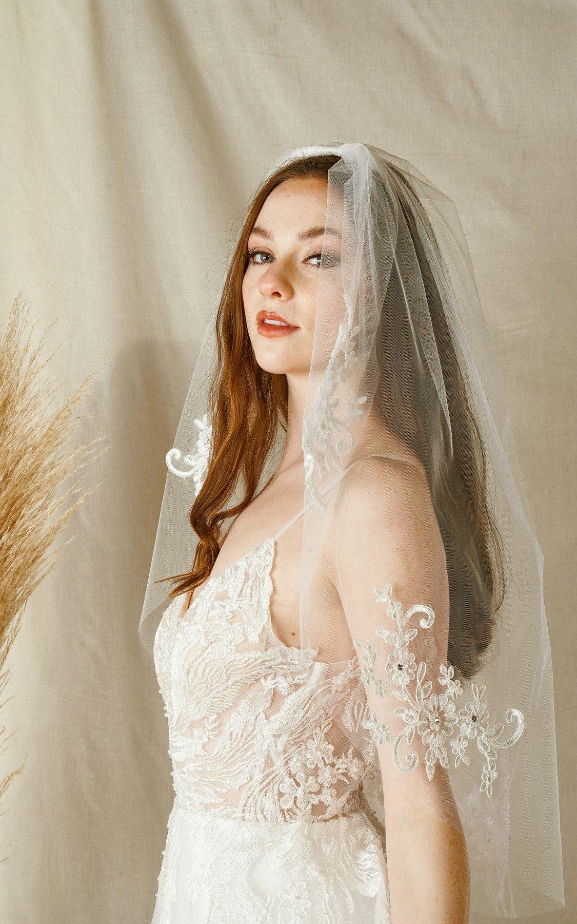 Short Waist Length Botanical Embroidery Wedding Veil - The Dress Outlet