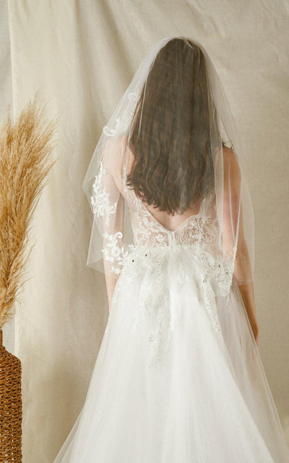 Short Waist Length Botanical Embroidery Wedding Veil - The Dress Outlet