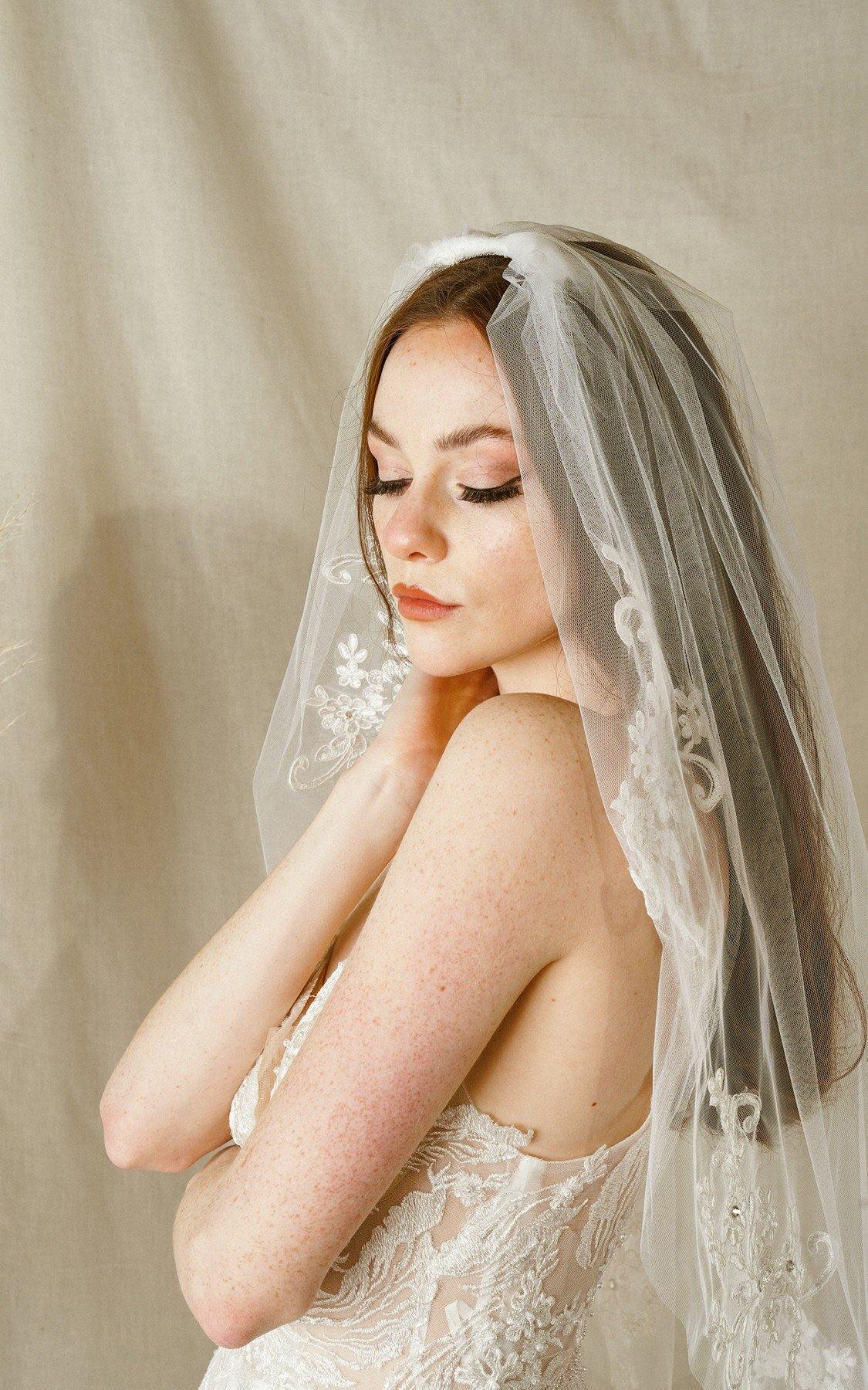 Short Waist Length Botanical Embroidery Wedding Veil - The Dress Outlet