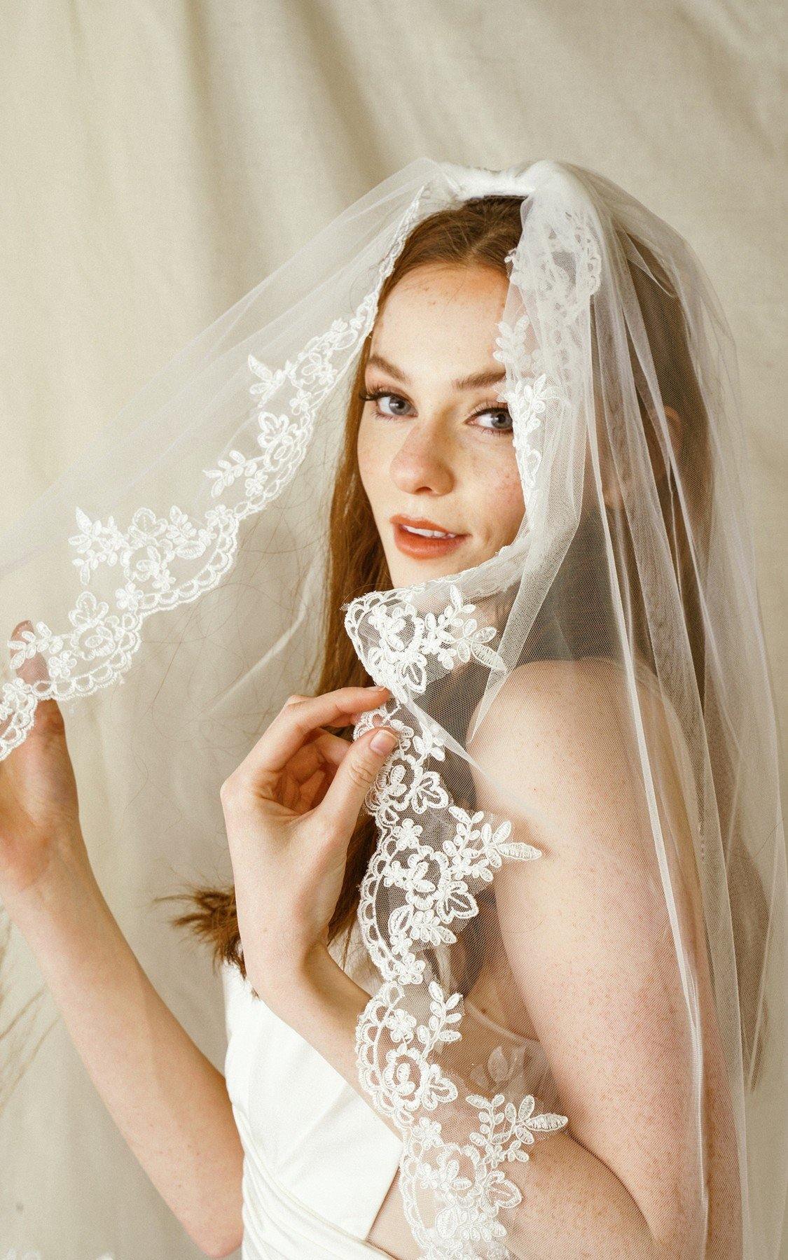 Short Waist Length Embroidered Wedding Veil