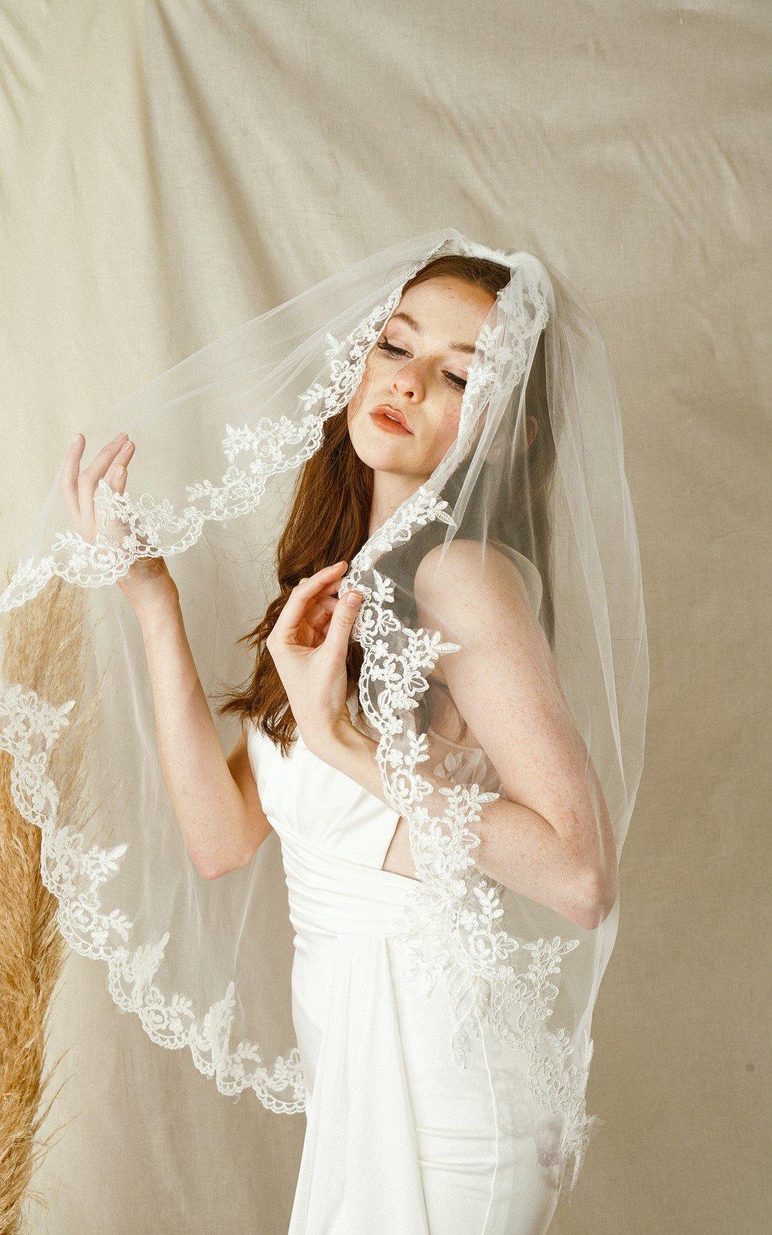 Short Waist Length Embroidered Wedding Veil