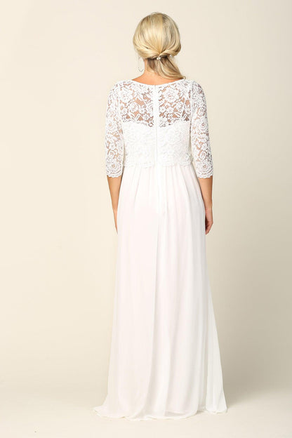 Simple Long 3/4 Sleeve Lace Chiffon Wedding Dress - The Dress Outlet