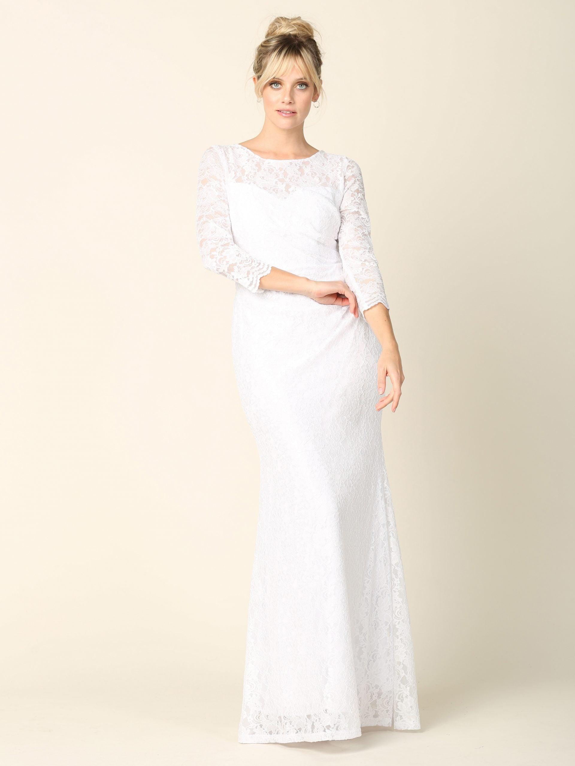 Simple Long 3/4 Sleeve Lace Wedding Dress - White / 4XL Simple Long 3/4 Sleeve Lace Wedding Dress - White / 4XL