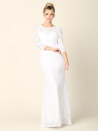 Simple Long 3/4 Sleeve Lace Wedding Dress - The Dress Outlet