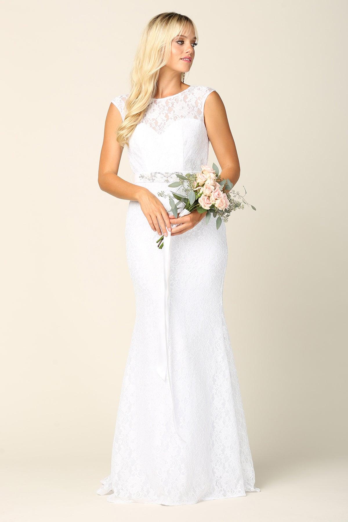Simple Long Cap Sleeve Belted Lace Wedding Dress - The Dress Outlet