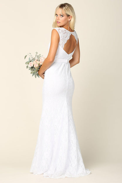 Simple Long Cap Sleeve Belted Lace Wedding Dress - The Dress Outlet