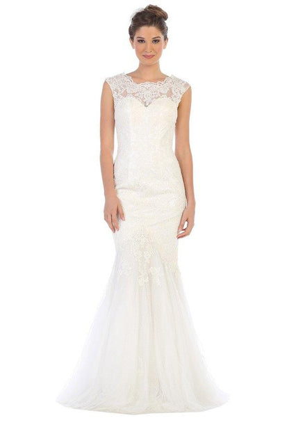 Simple Long Cap Sleeve Mermaid Lace Wedding Dress - The Dress Outlet
