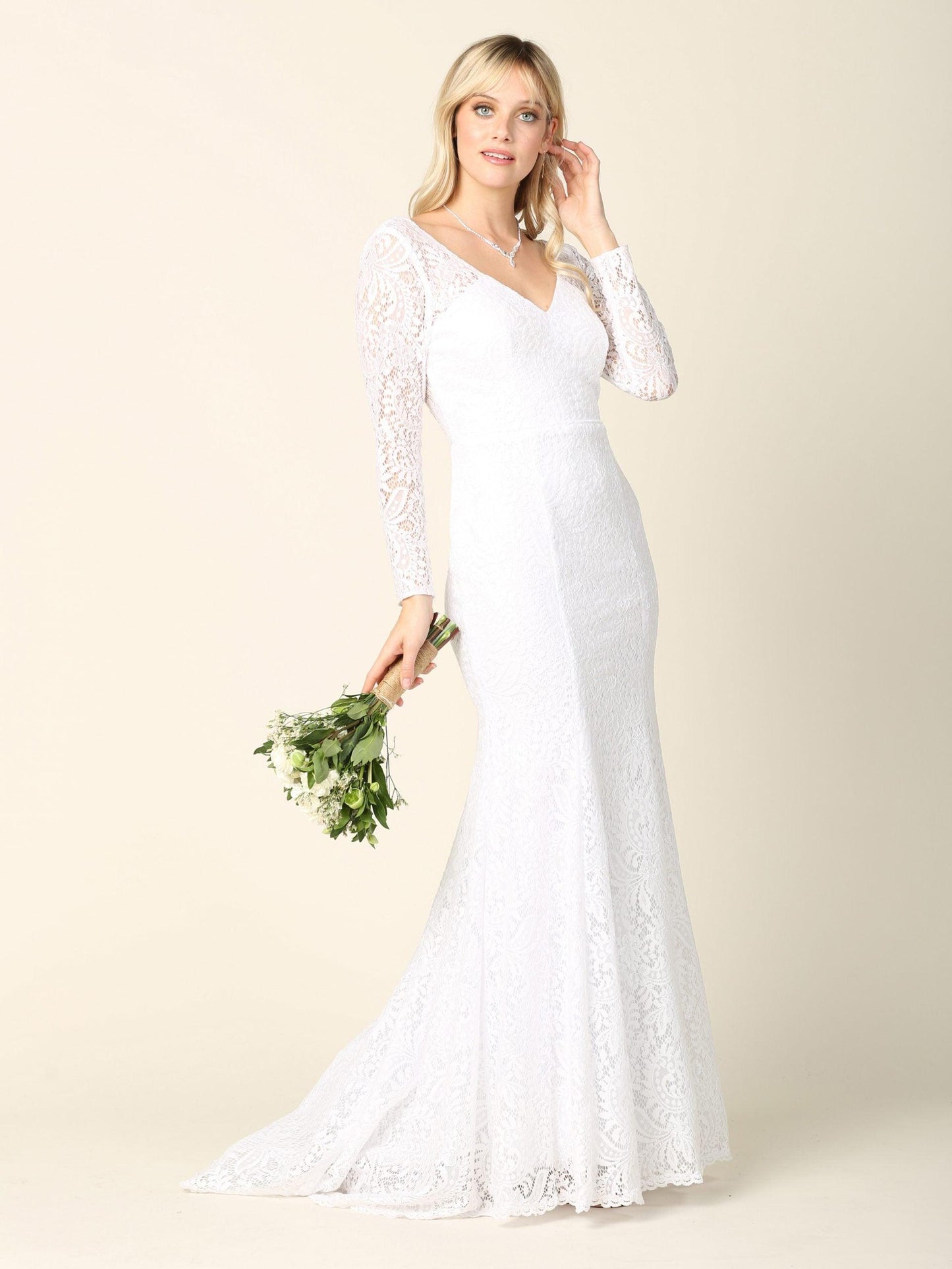 Simple Long Sleeve Lace Wedding Dress - The Dress Outlet