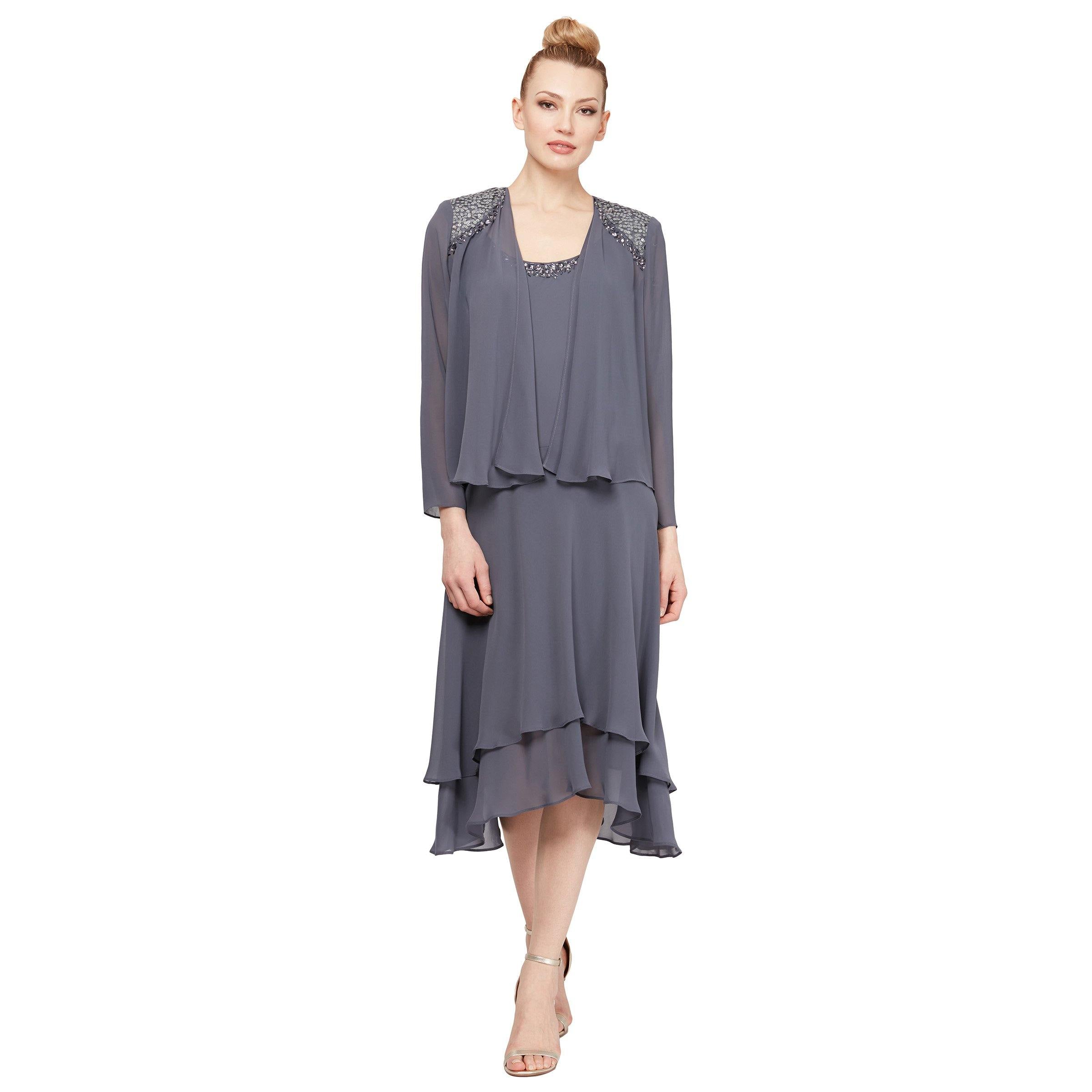 SL Fashions Womens Missy Chiffon Embellished Dress with Jacket Gray 10 SL Fashions Womens Missy Chiffon Embellished Dress with Jacket Gray 10