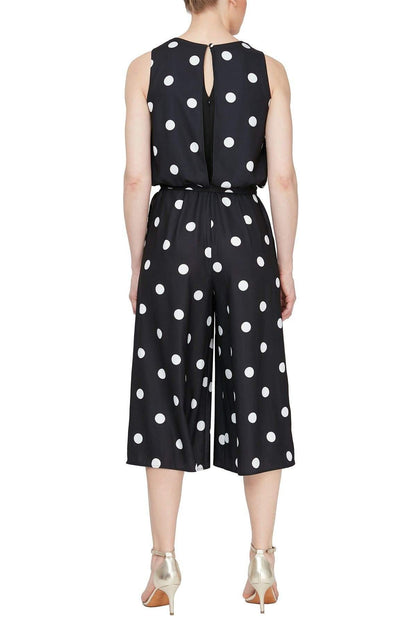 SL Fashions Polka Dot Blouson Cropped Jumpsuit - The Dress Outlet