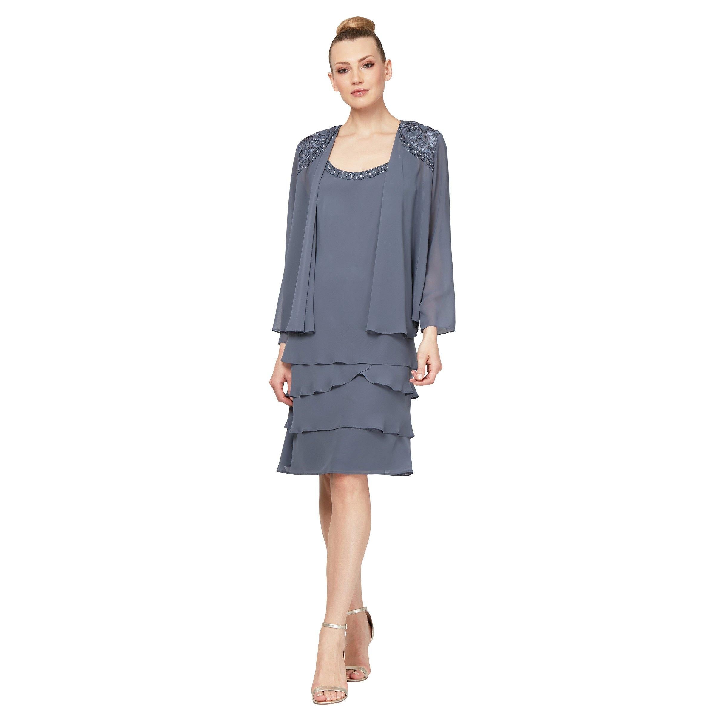 SL Fashions Short Beaded Tiered Jacket Dress 122372 - The Dress Outlet