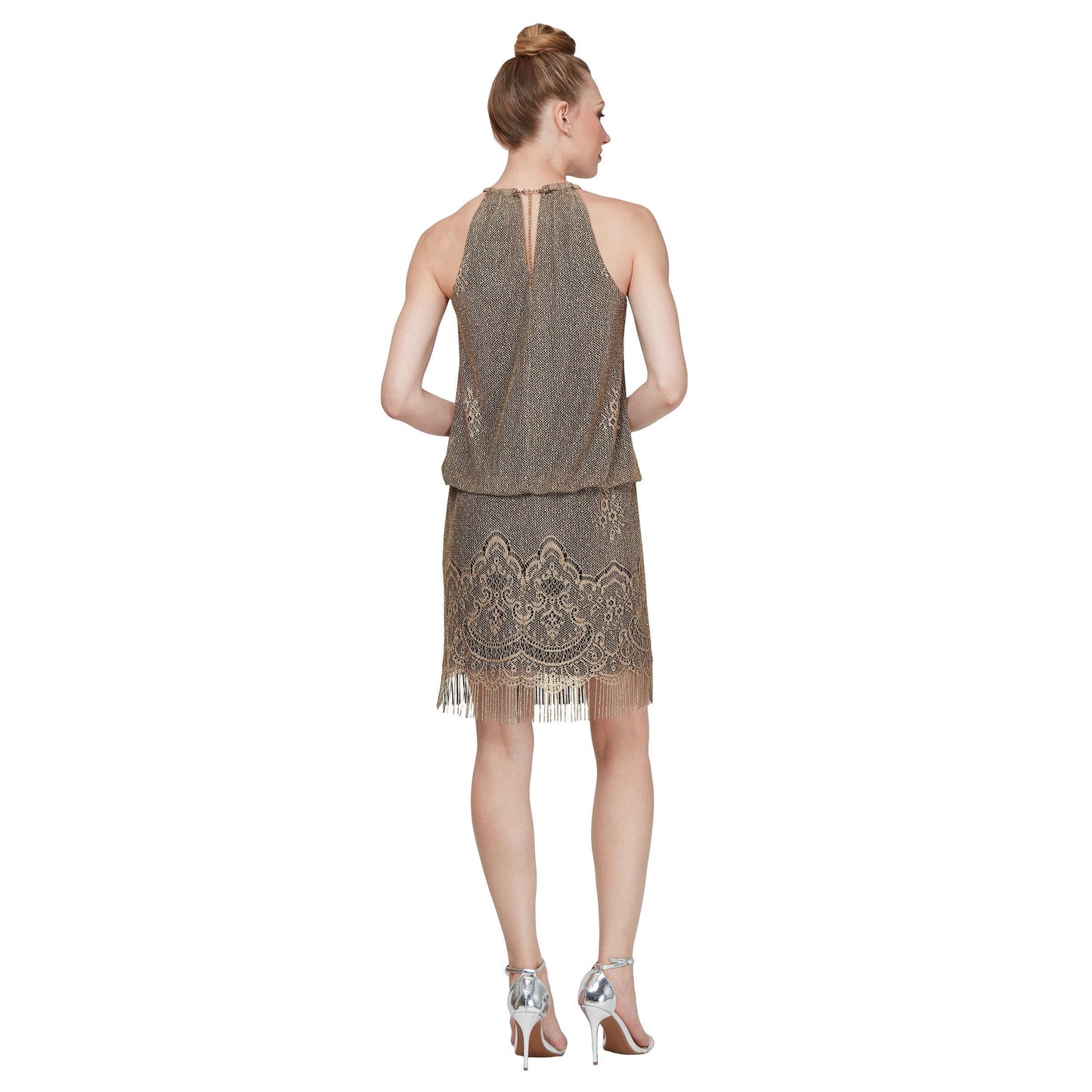SL Fashions Short Metallic Blouson Dress 195024 - The Dress Outlet