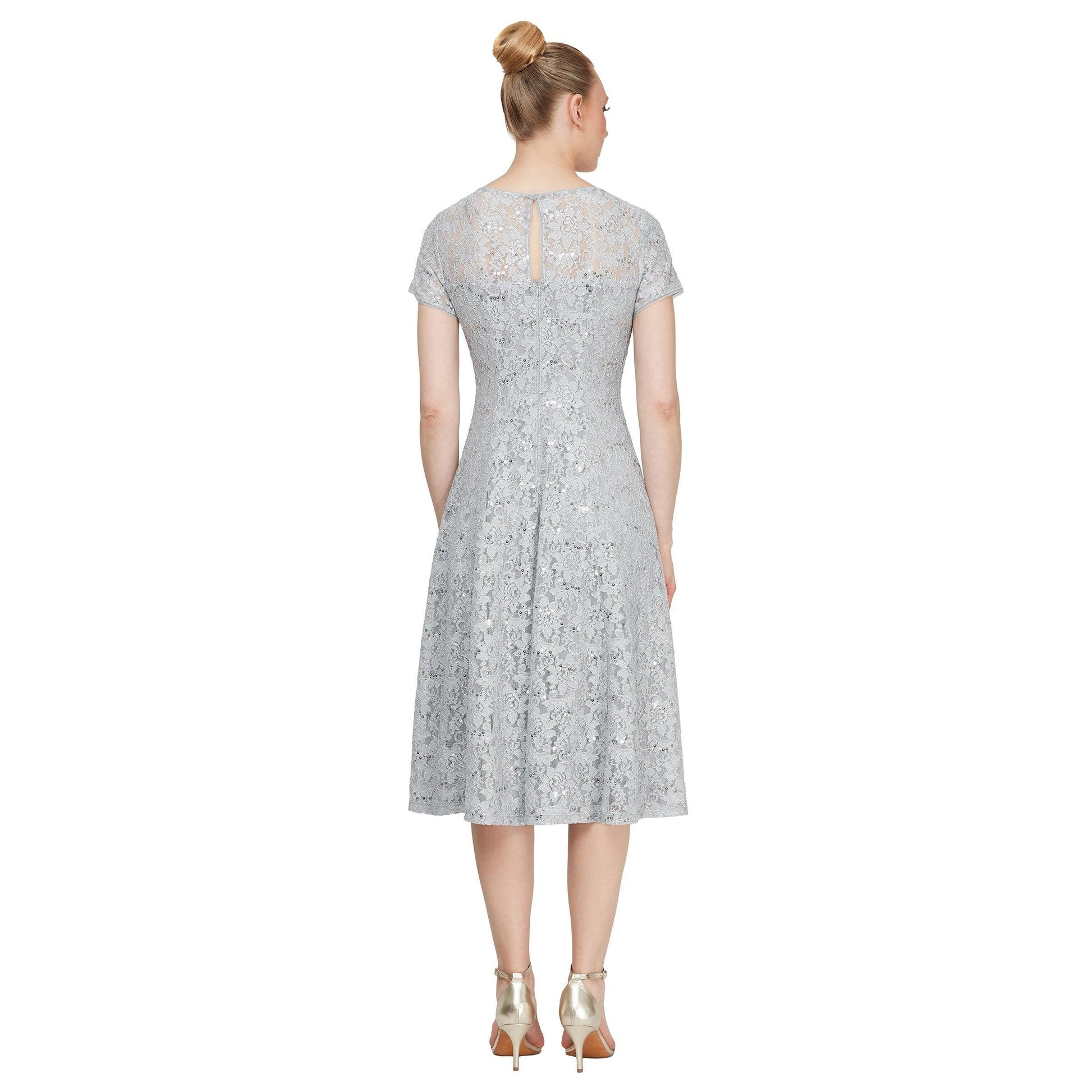 SL Fashions 9119417 Tea Length Cap Sleeve Lace Dress