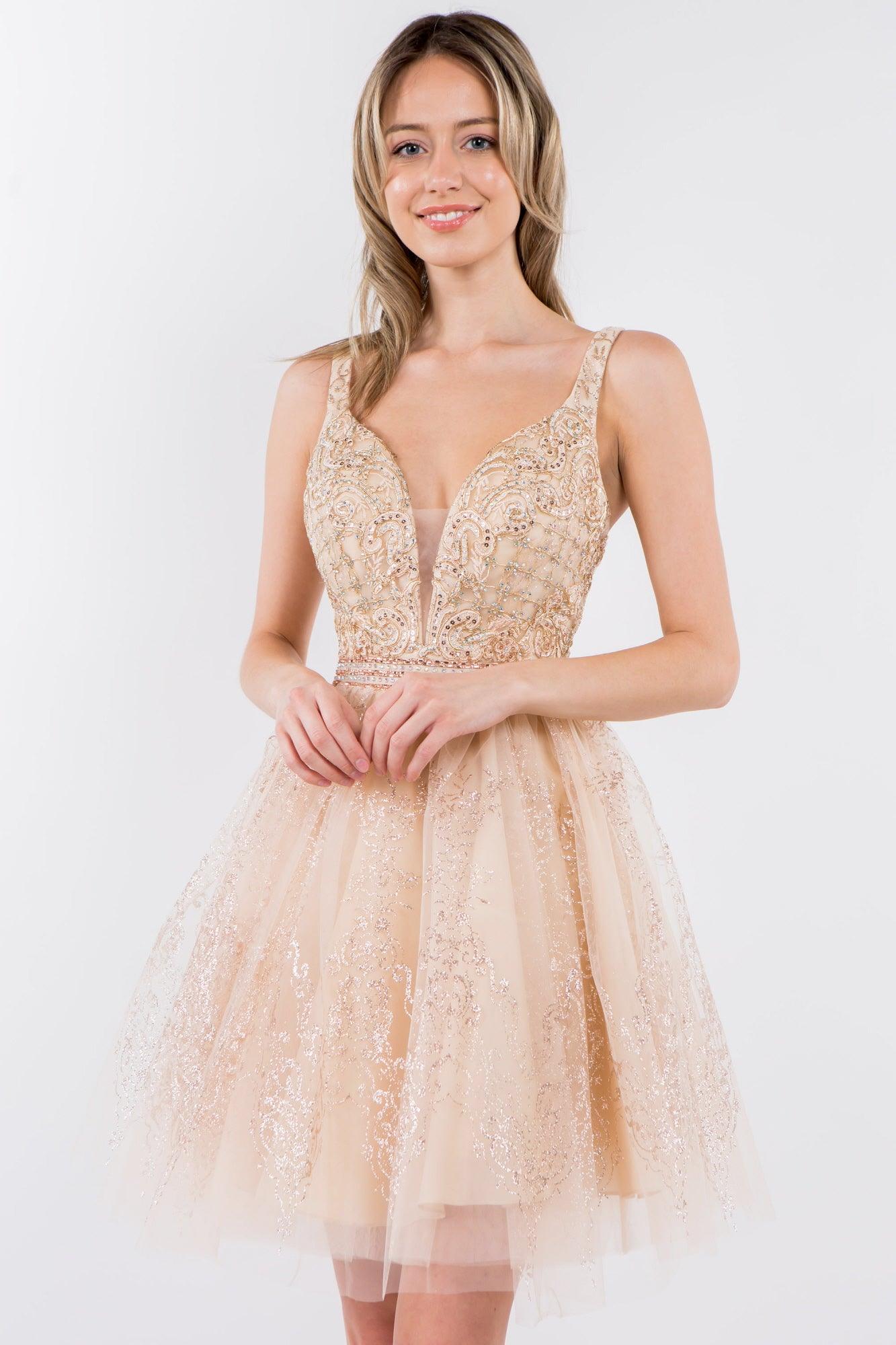 short rose gold homecoming dress Sparkle Short Mermaid V-Neck Rose Gold Homecoming Dress with Sleeves YESBABYONLINE