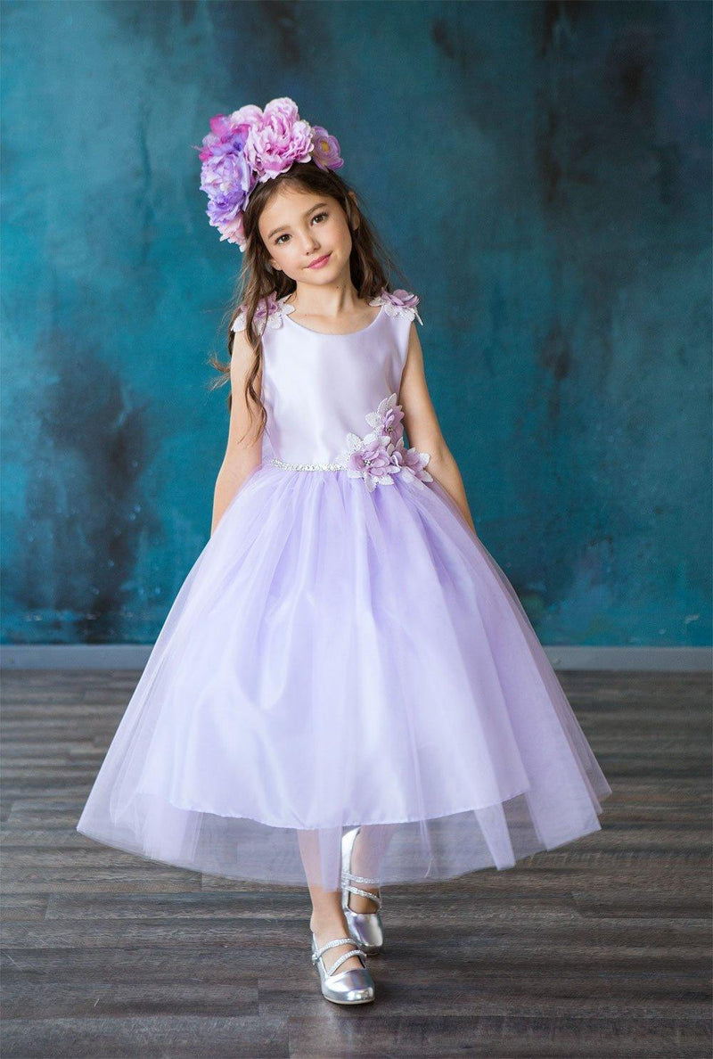 Horcute Girls' Embroidered Long Tailing Wedding Flower Girl Dress - Purple, Size L (14), For Special Occasions
