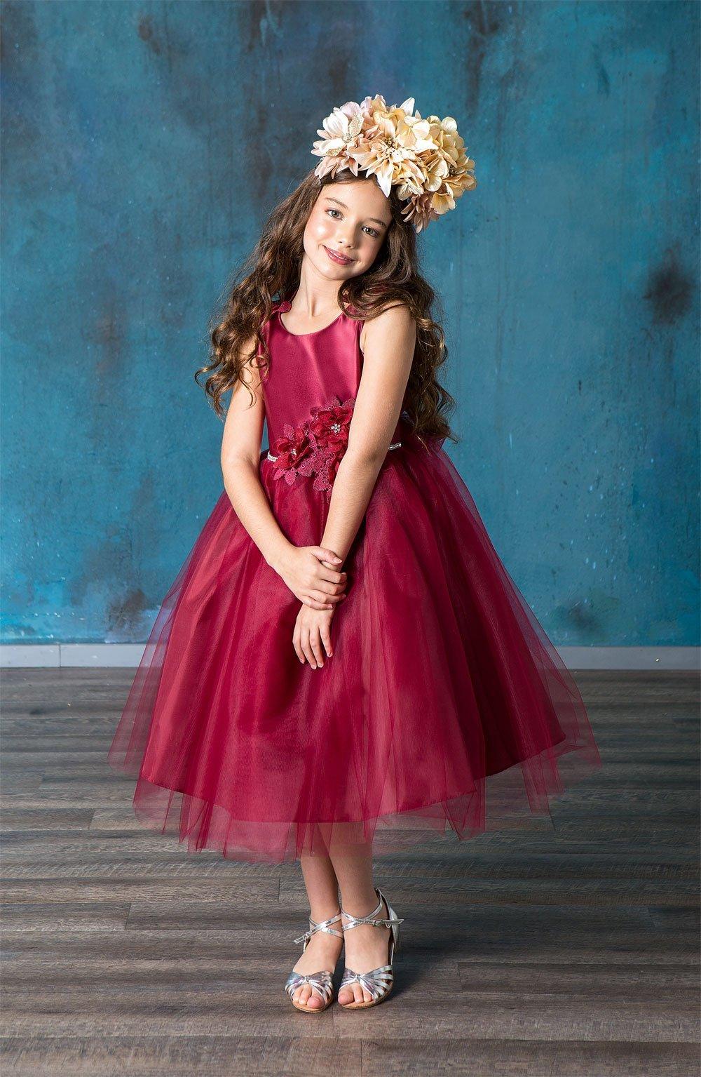 burgundy flower girl dress Little Girls Sash Ruffled Tulle High-Low 6 The dress boasts a captivating asymmetrical silhouette with a knee Burgundy Flower Girl Dresses with