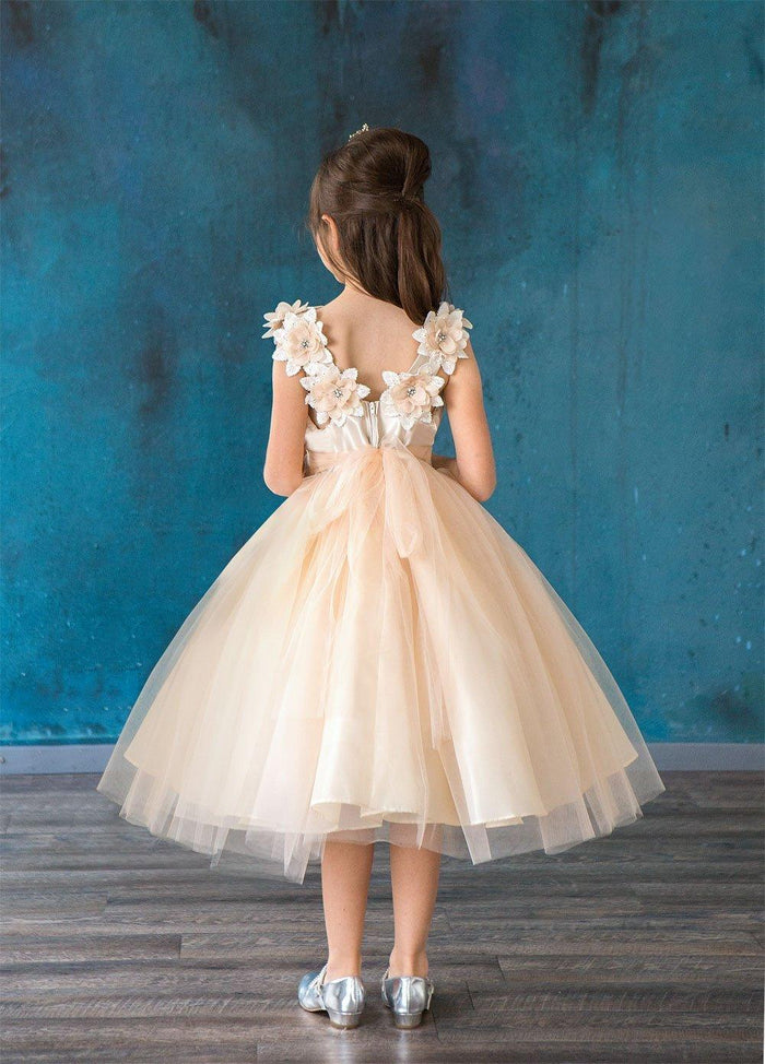 Sleeveless Floral Tea Length Flower Girl Dress - The Dress Outlet