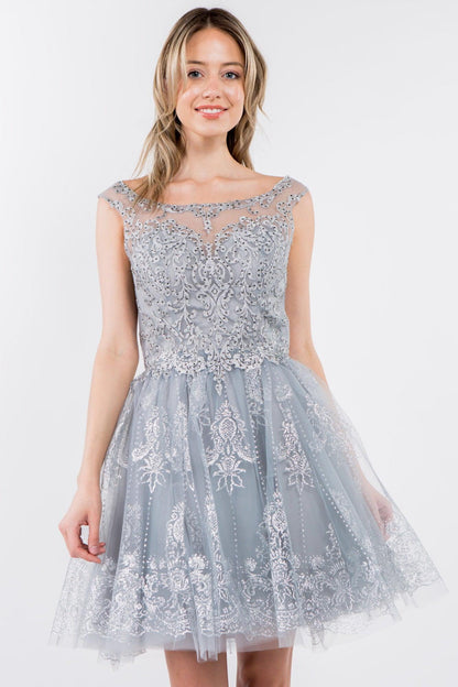 Sleeveless Glitter Short A Line Dress - The Dress Outlet