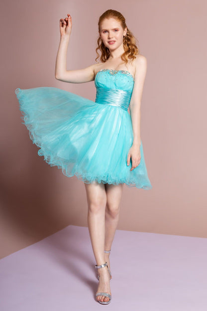 Strapless Beaded Tulle Short Prom Dress - The Dress Outlet