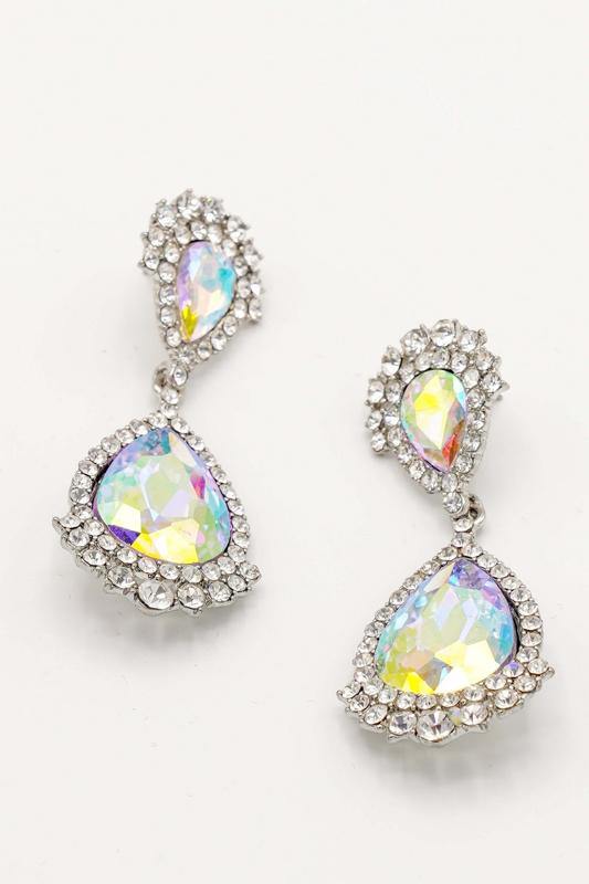 Teardrop Shaped Earrings Rhinestone Clear Diamante - The Dress Outlet