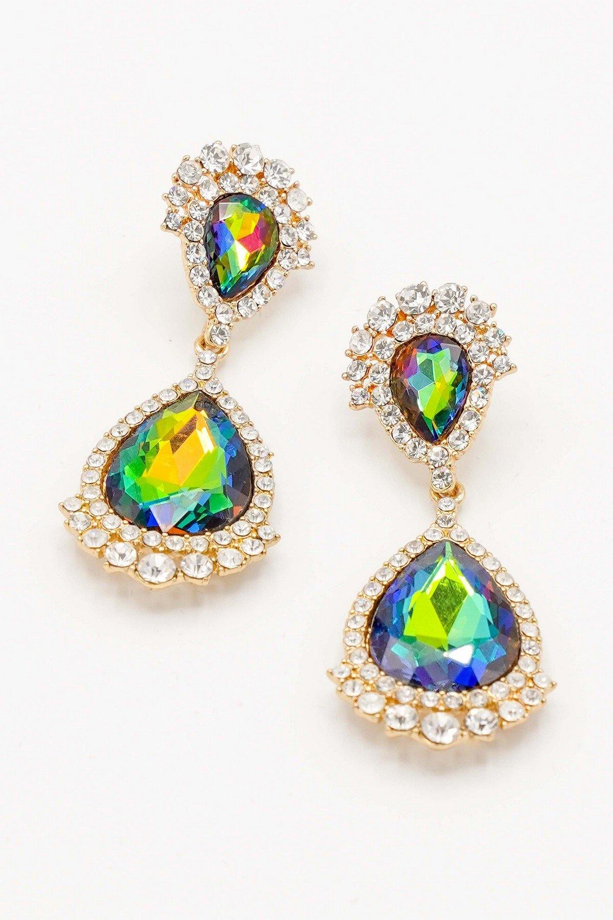 Teardrop Shaped Earrings Rhinestone Clear Diamante - The Dress Outlet
