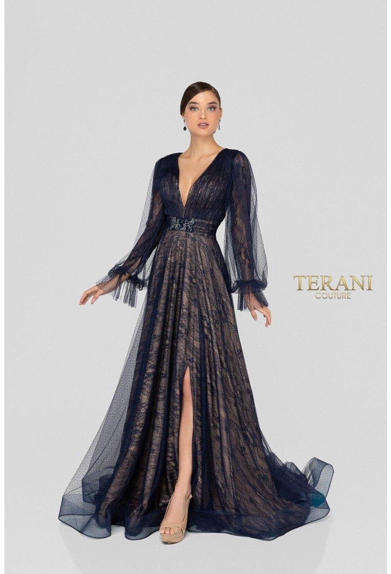 Terani Couture Long V-Neck Formal Dress 1913M9414 - The Dress Outlet