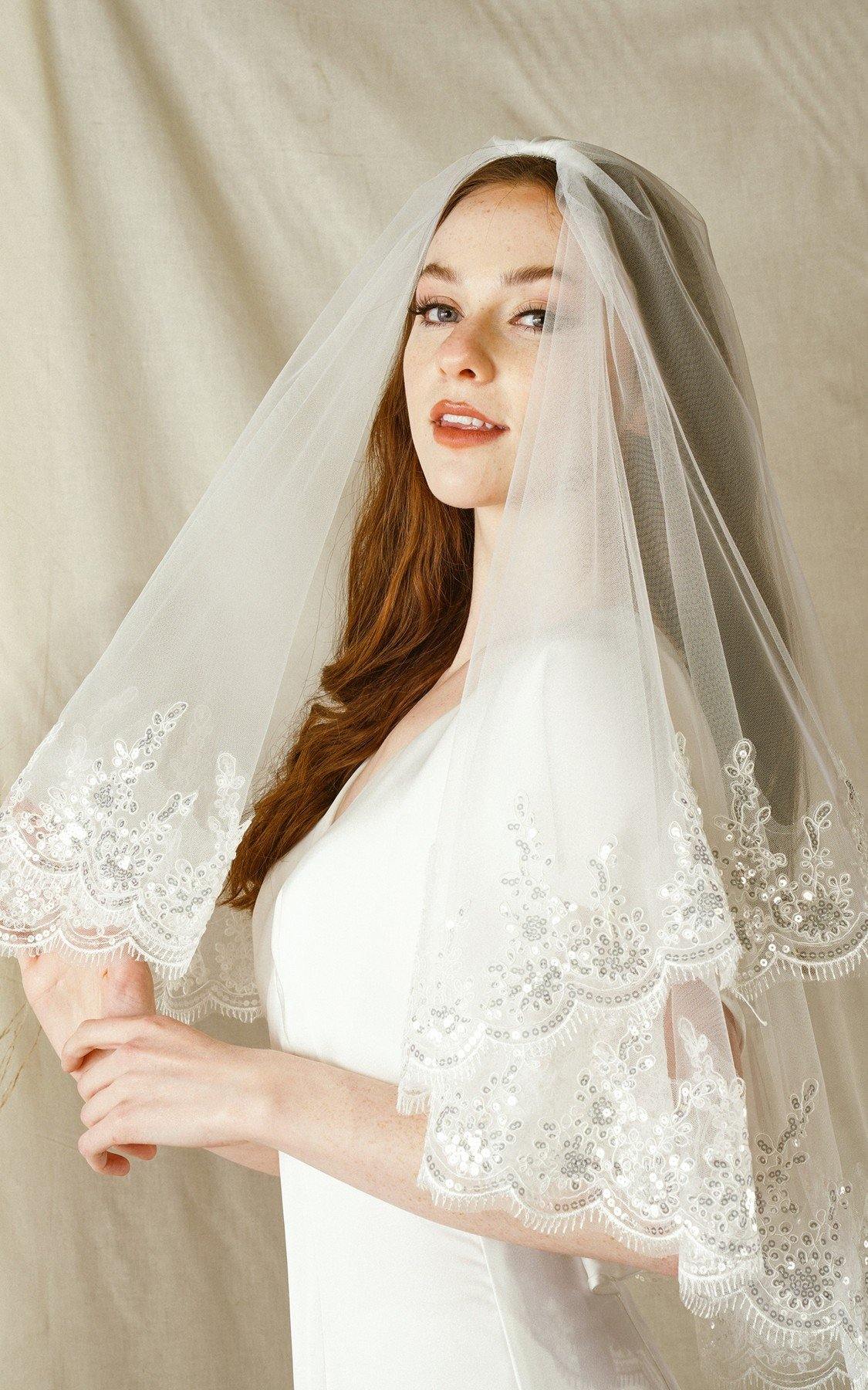 Wedding Short Waist Eyelash Lace Standard Veil - The Dress Outlet
