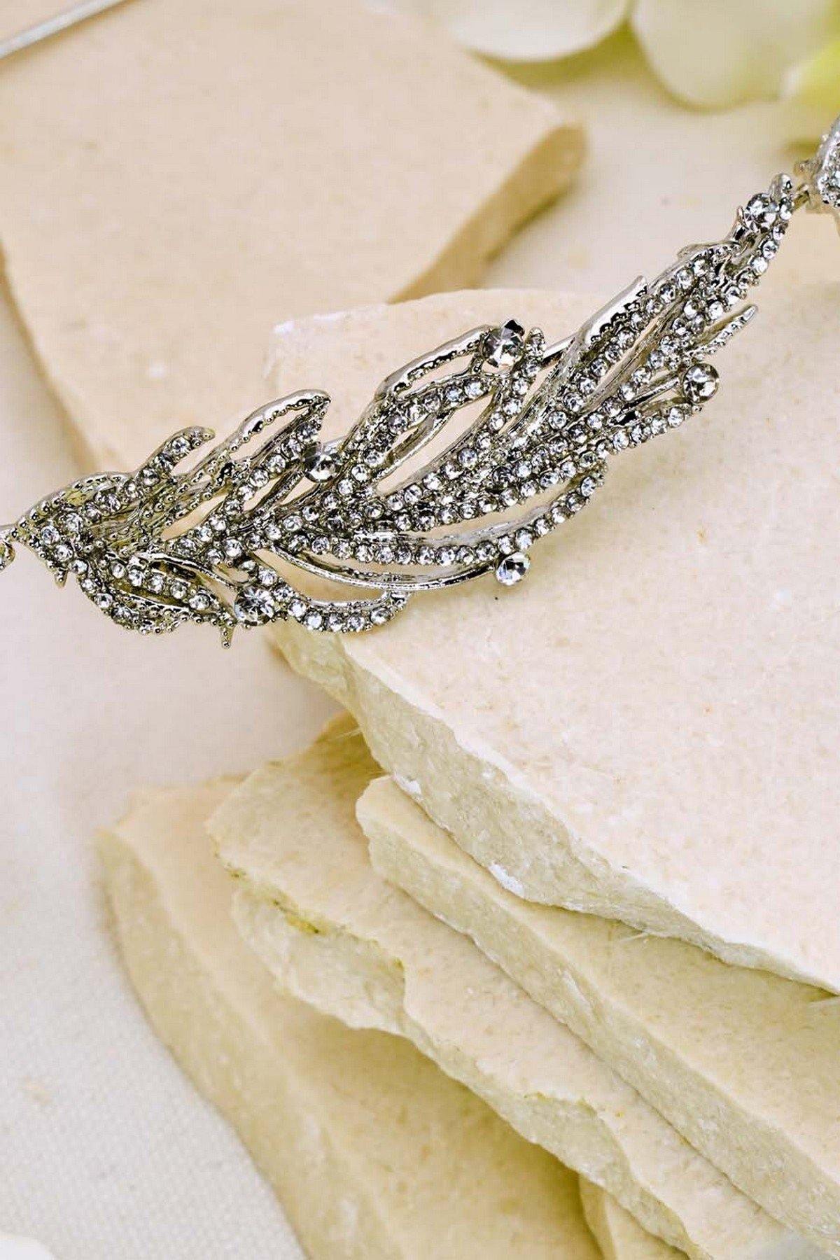 Wedding Silver Feather Rhinestones Bridal Headband - The Dress Outlet